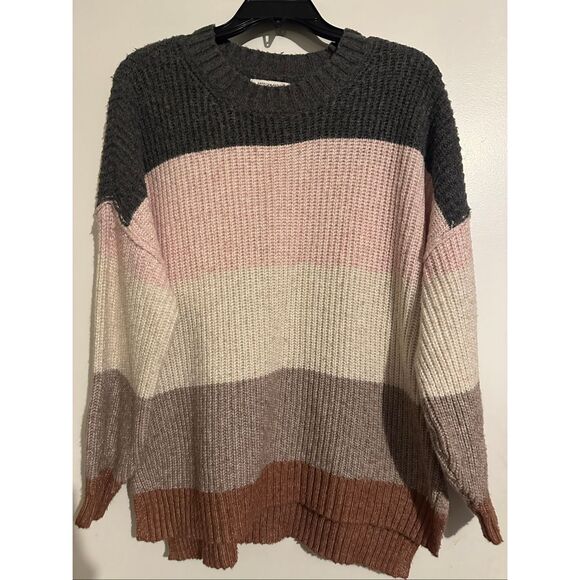 American Eagle Striped Oversized Cable Knit Striped Sweater size Medium Pink Gra - Picture 1 of 5